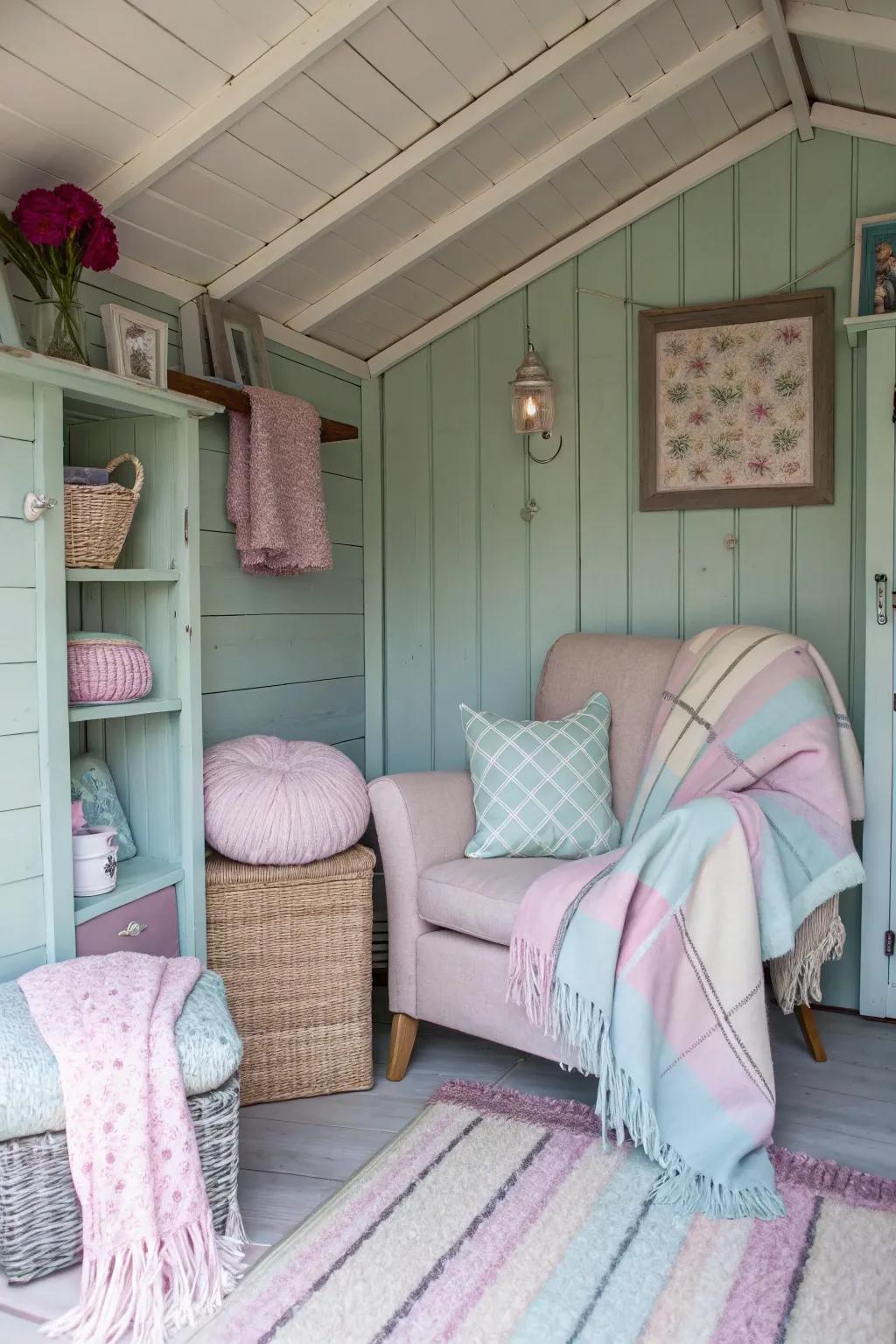 A relaxing getaway with soft textiles and soothing colors inside a shed.