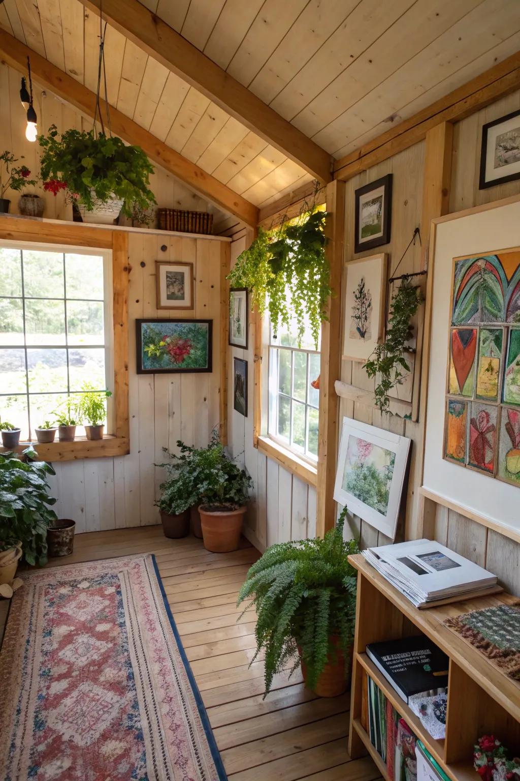 A shed home adorned with artistic pieces and indoor greenery for a personal touch.