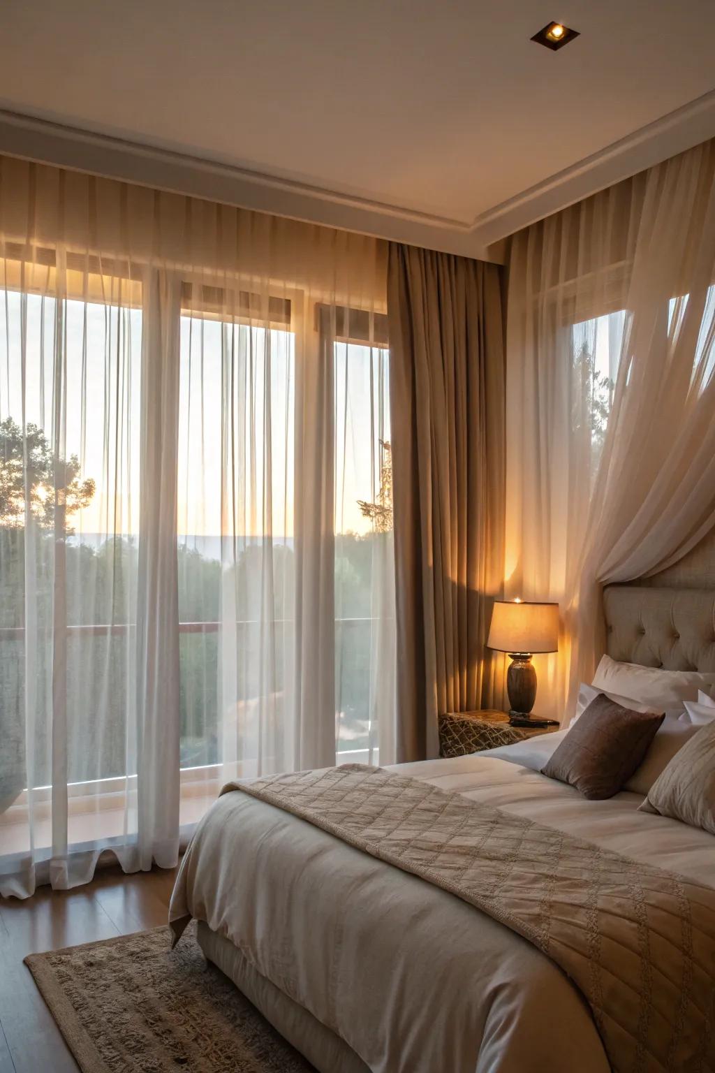 Superimposing delicate panels with drapes affords flexibility regarding brightness and privacy regulation.