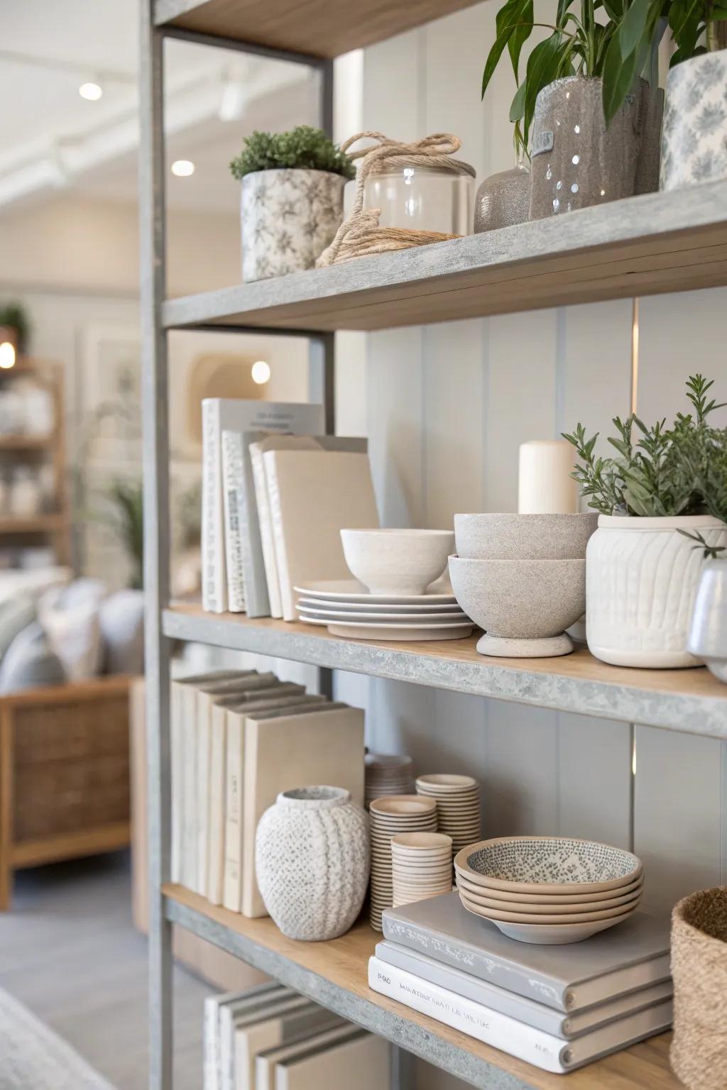 Muted shades establish a unified and timeless shelf aesthetic.
