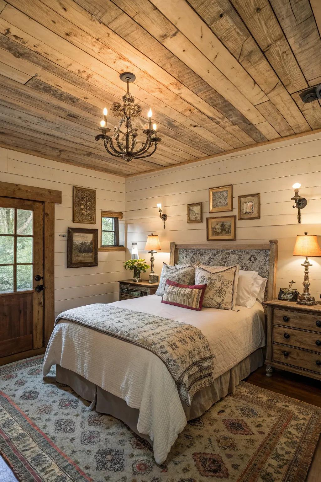 A rustic and sustainable shiplap ceiling crafted from reclaimed timber.