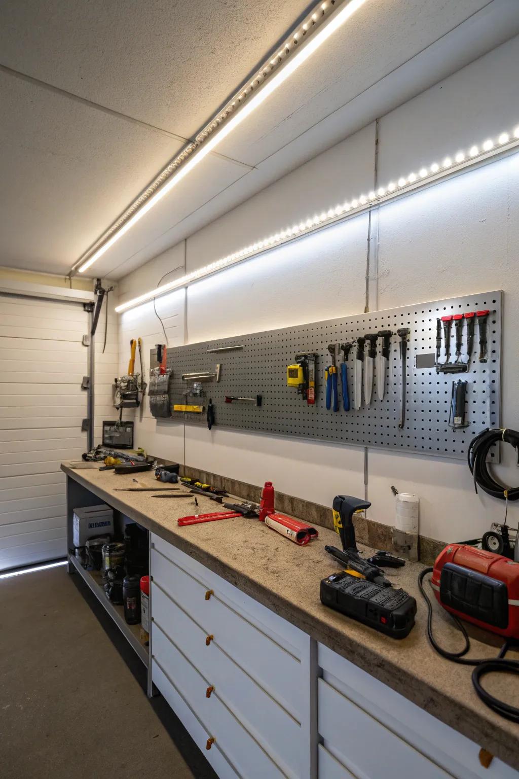 A garage wall illuminated with diode strip lighting.