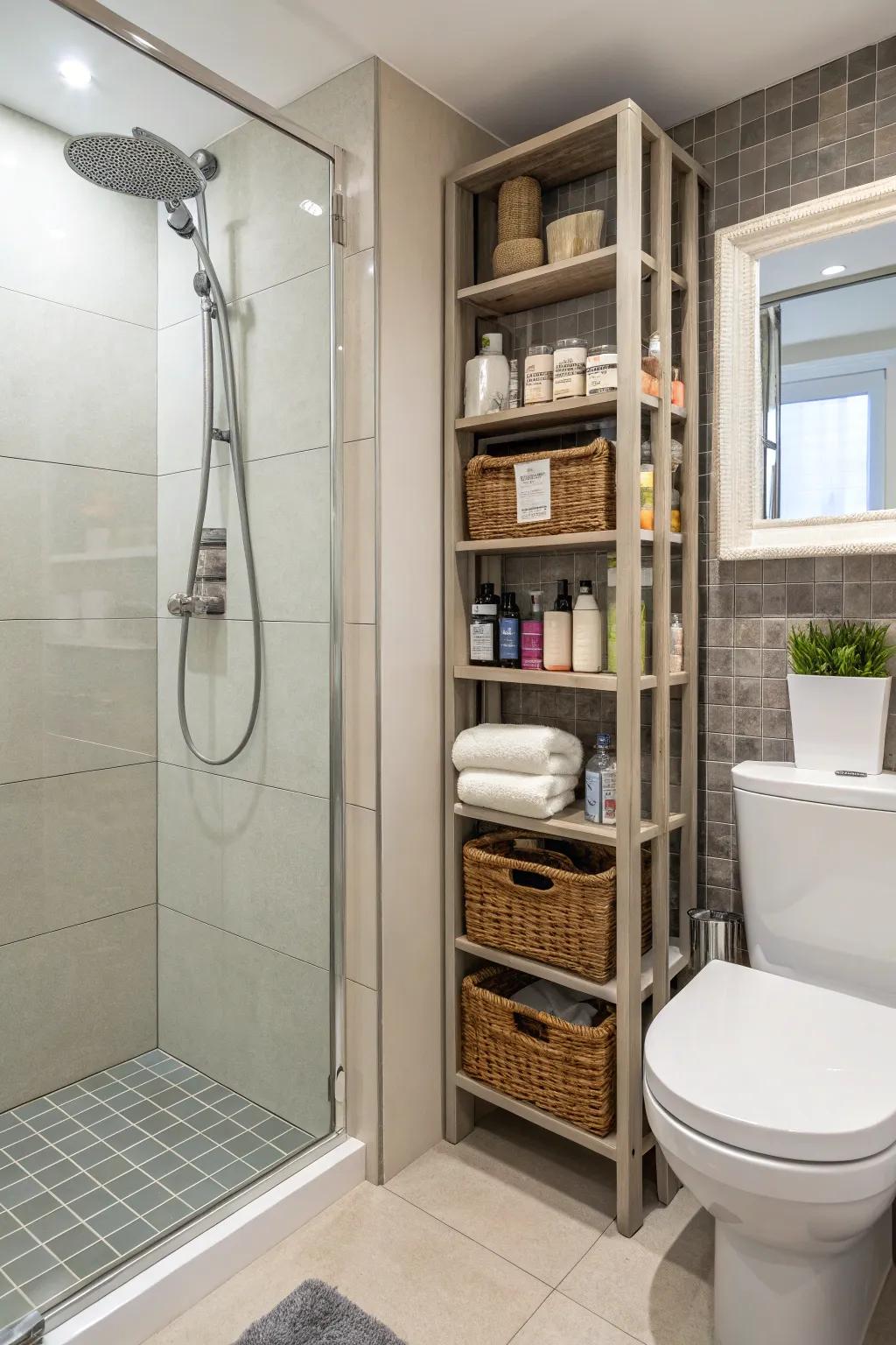 Built-in shelving combines practicality with a minimalist aesthetic.