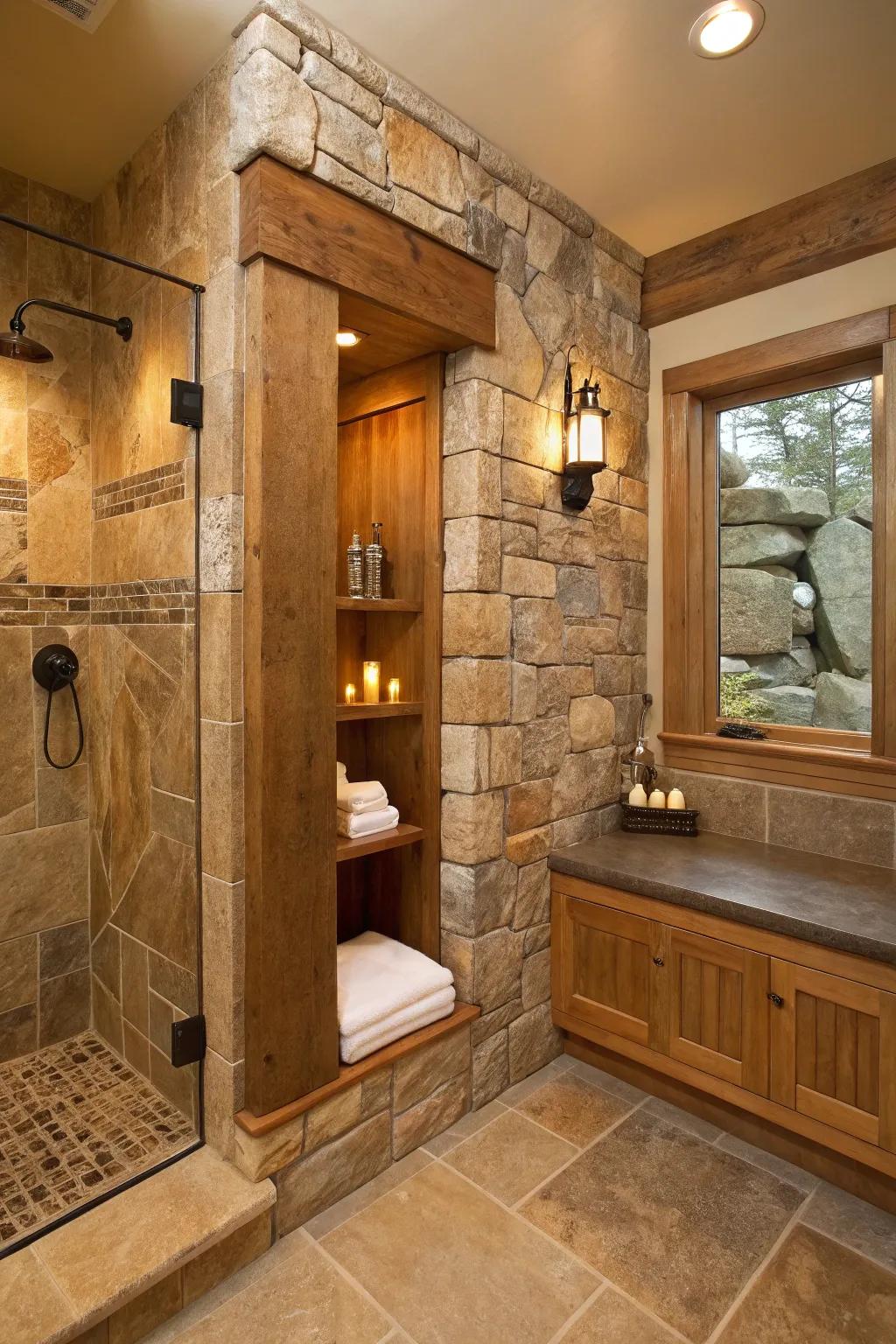 Natural features contribute contrast and warmth to a shower niche