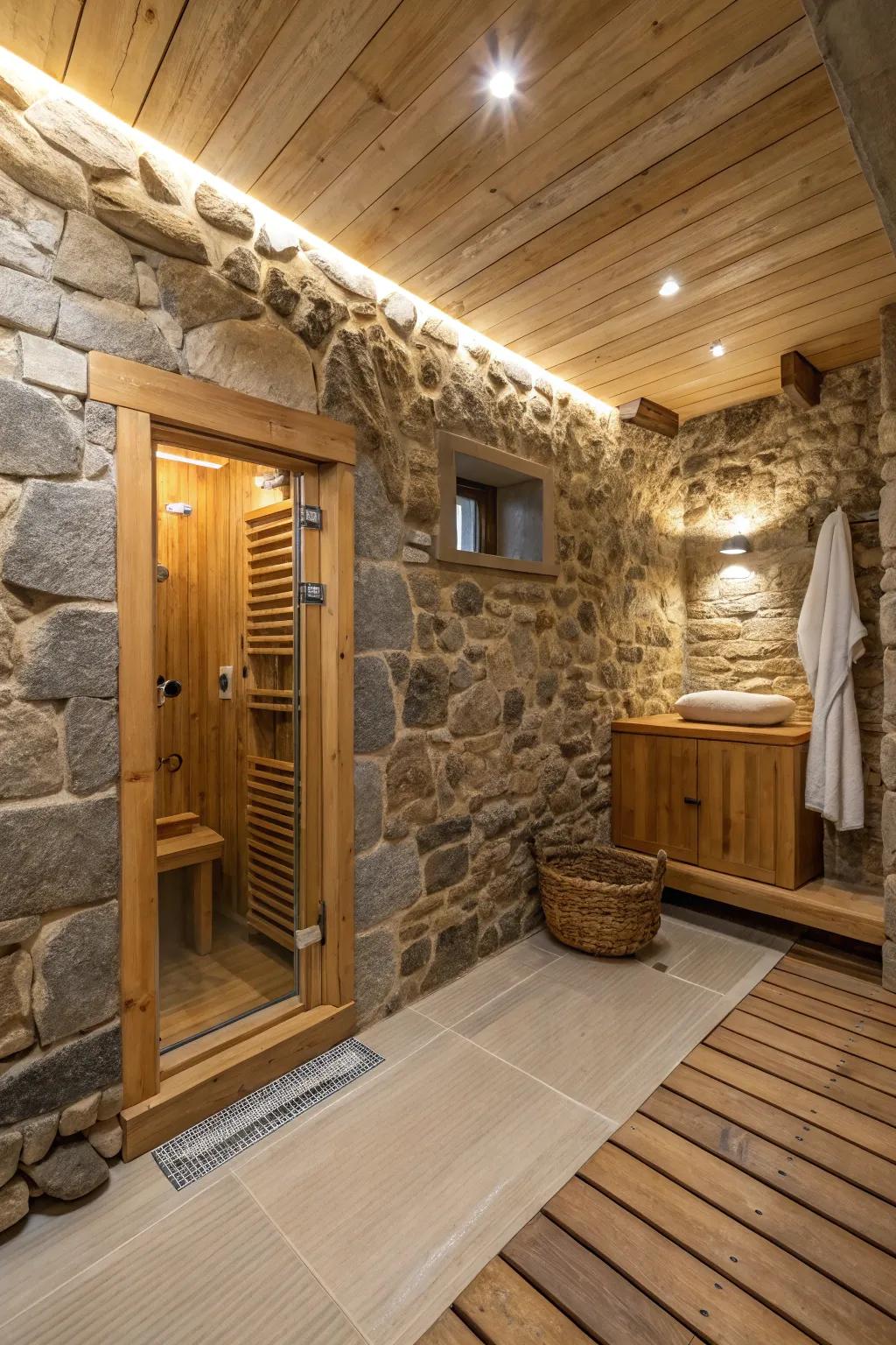 A warm and inviting shower room featuring natural materials.