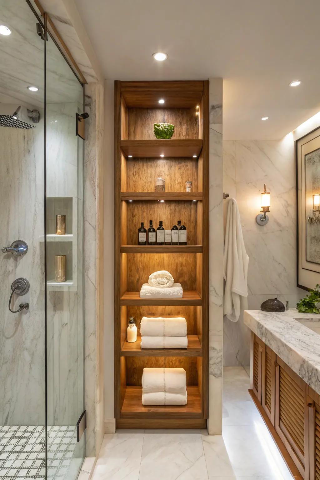 Teak shelves evoke a luxurious, spa-inspired environment.