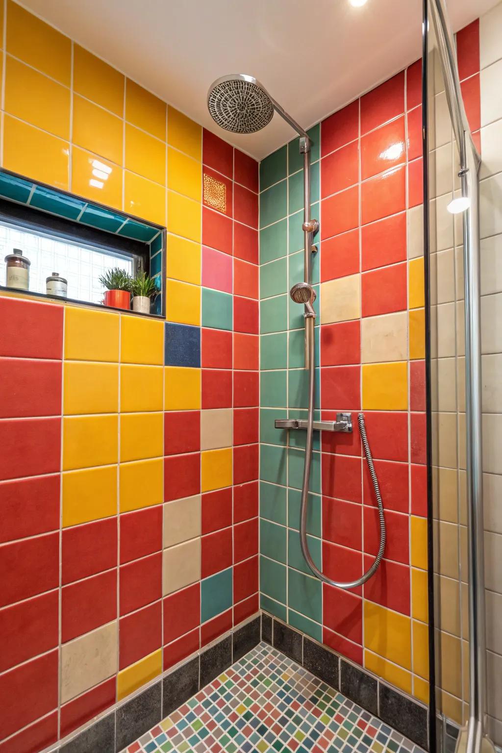Striking tints in decorative tiles infuse verve and personal style into the shower.