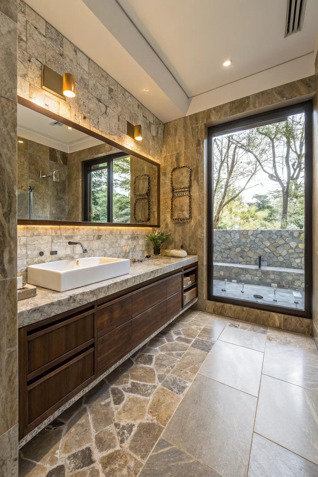 A bathroom uses contrasting textures for a distinctive aesthetic.