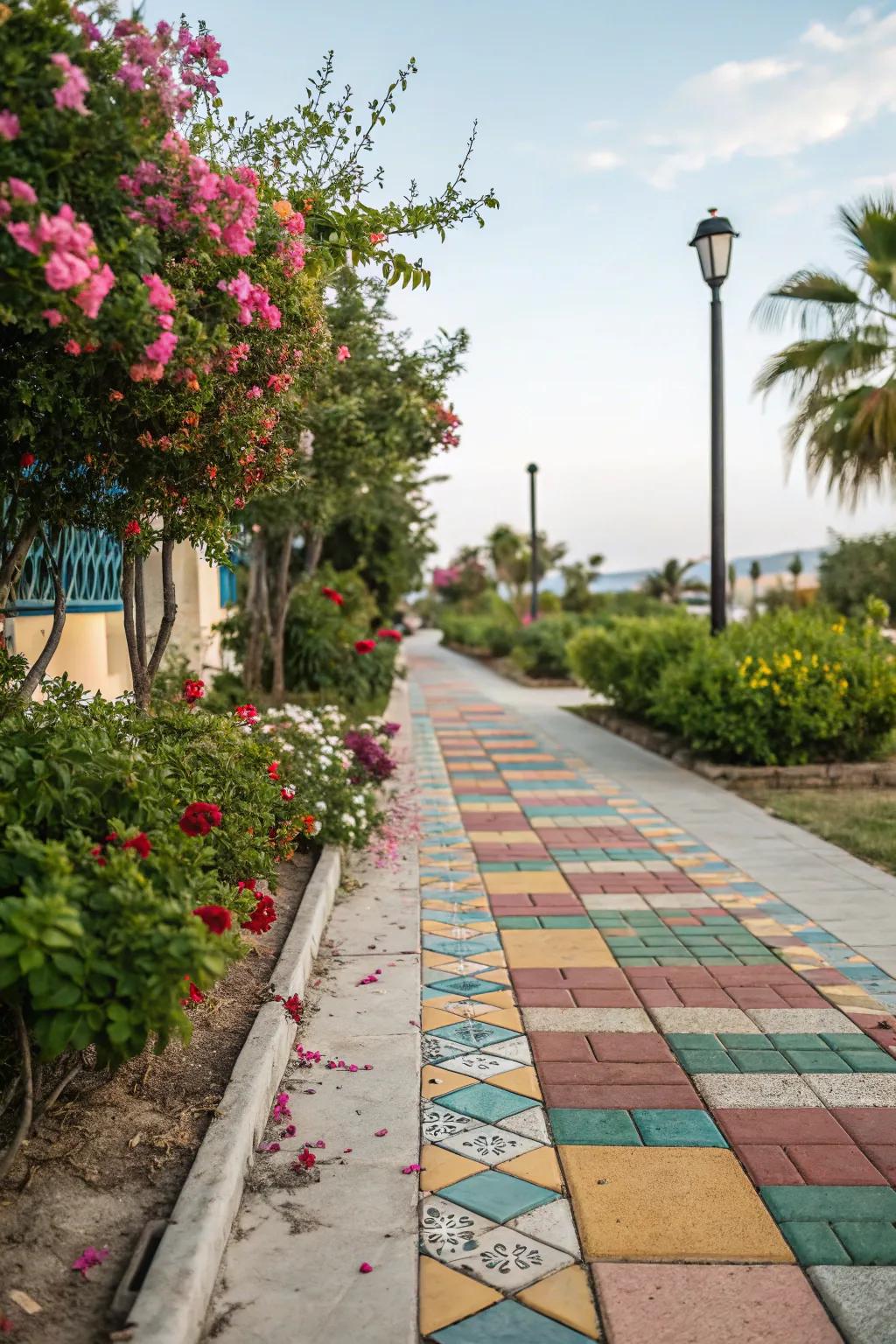 Vibrant tiles infuse a playful element into sidewalks.