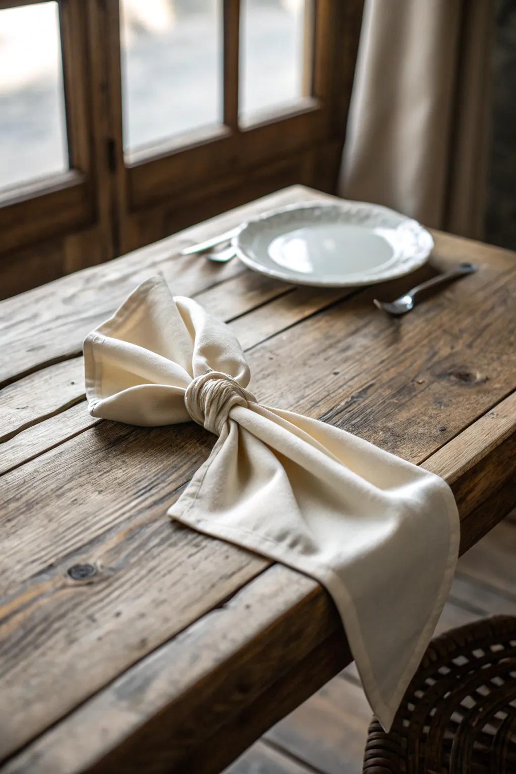 A cloth tied into a casual knot, providing a relaxed style to your dining arrangement.