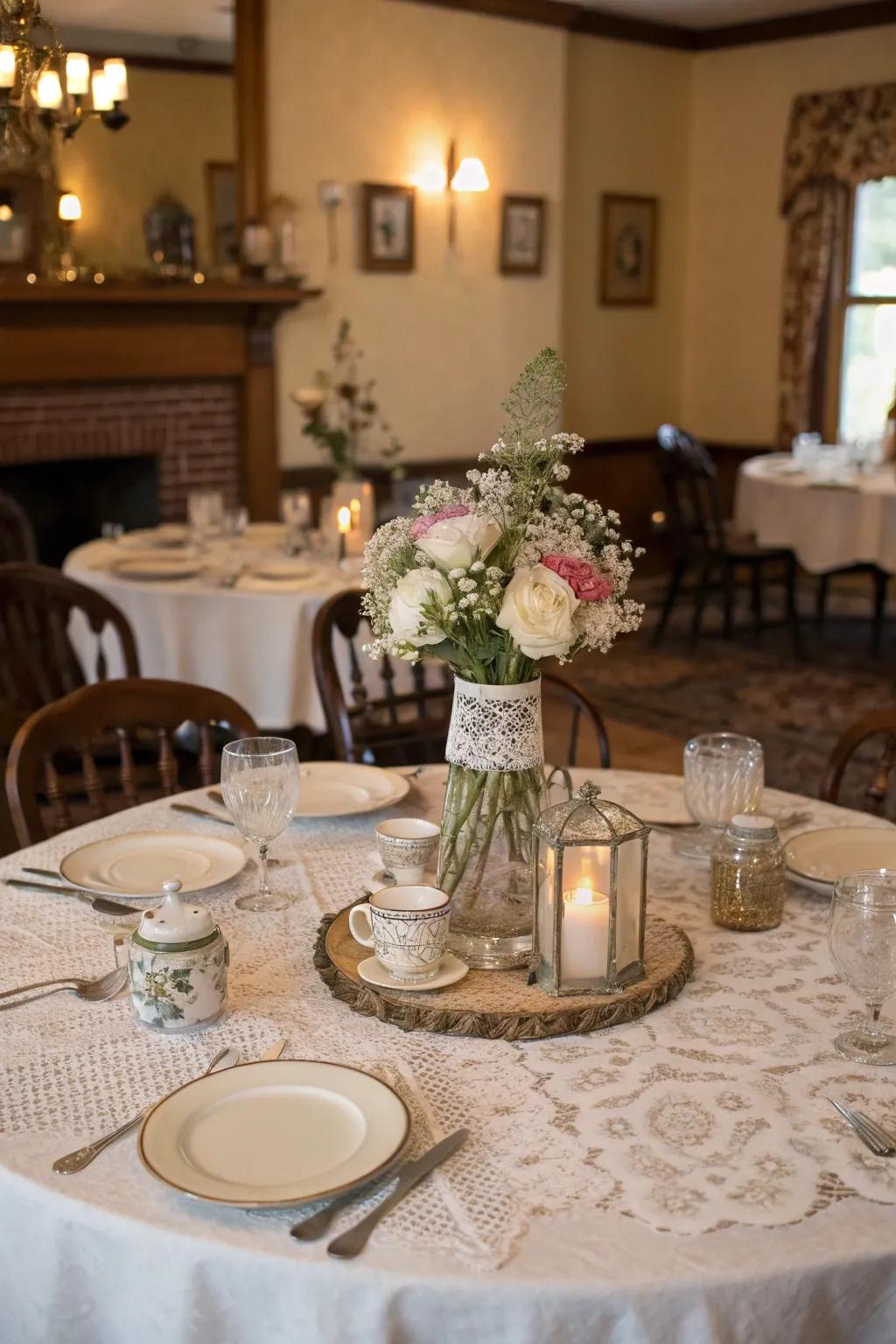 Vintage touches bring a nostalgic allure to this centerpiece.