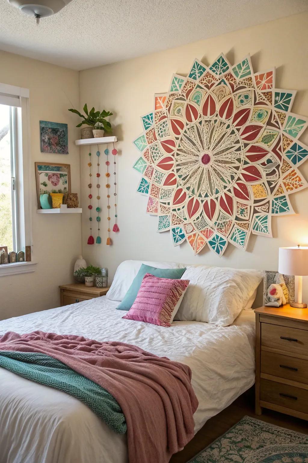 Personalized fractal wall décor adds a personal and creative flair to a bedroom.