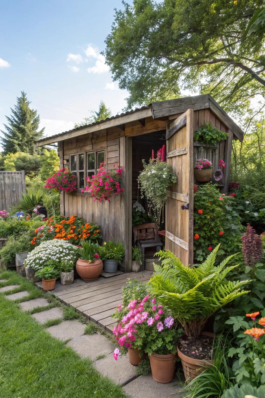 Potted plants permit you to easily add seasonal decor to your shed.