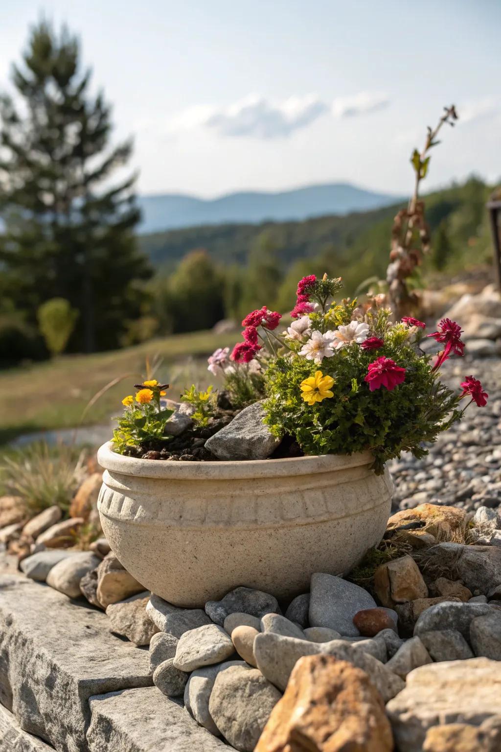 Rock containers add a unique charm and individuality to garden displays.
