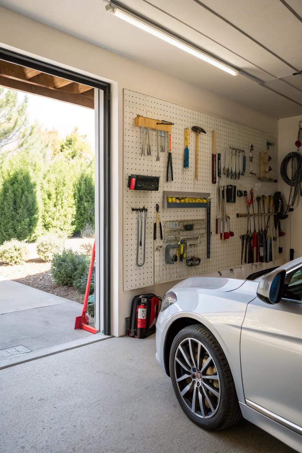 Displaying and organizing tools intuitively is facilitated by pegboard walls.