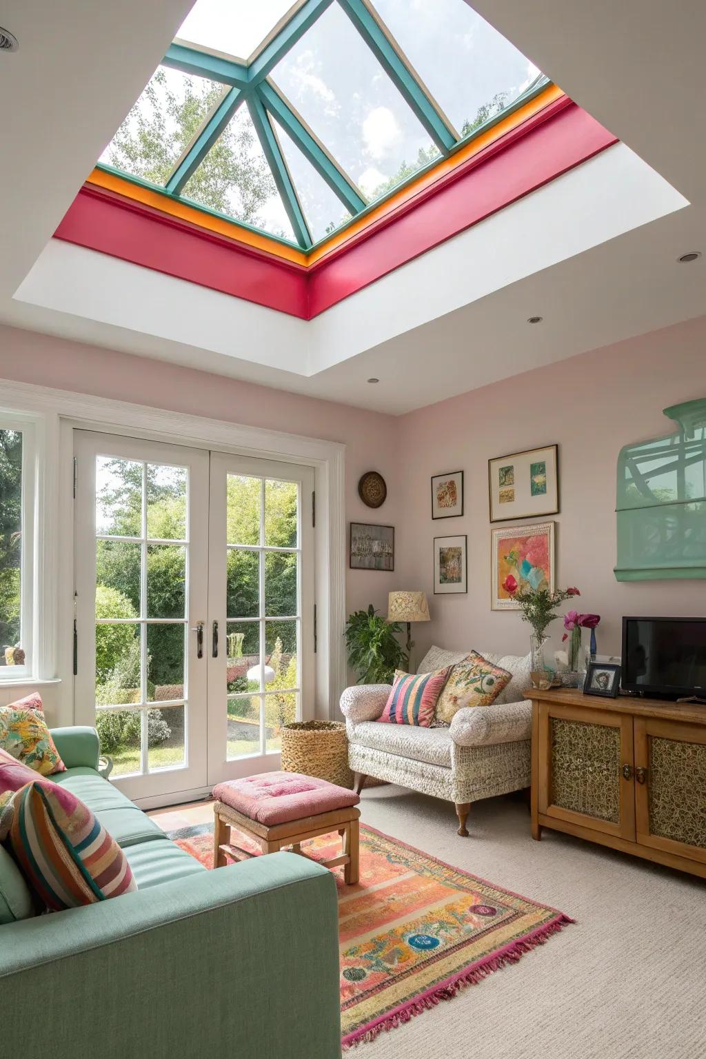 A vibrant living space where the skylight boasts a boldly colored trim.