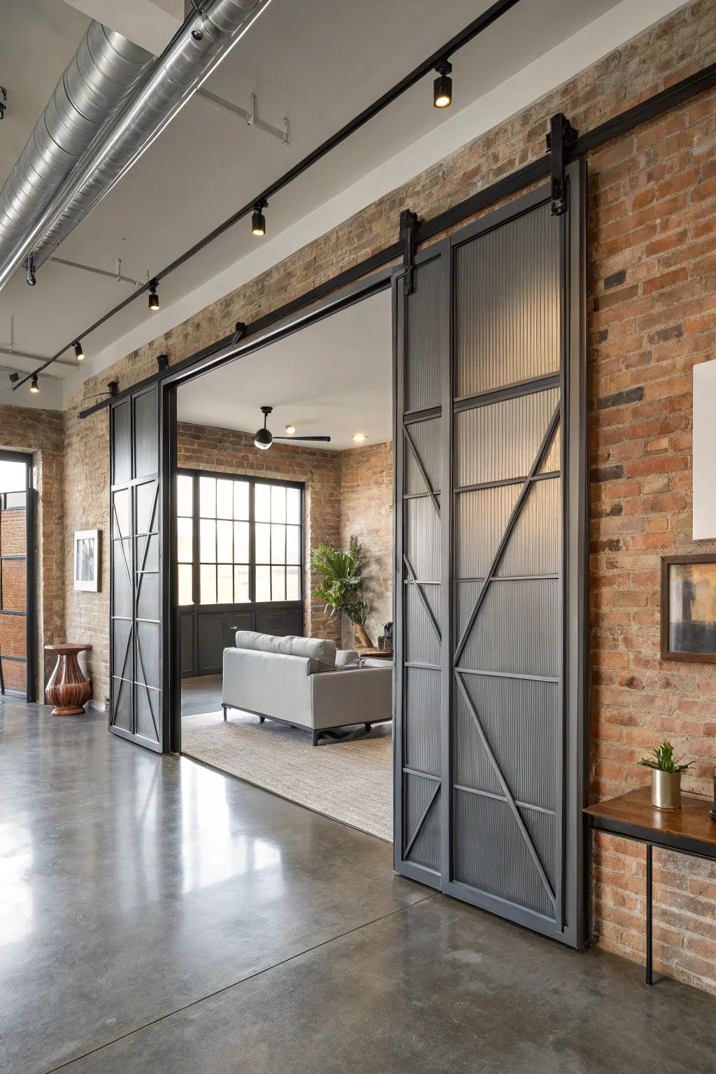 Industrial sliding doors bring an edgy style to this urban loft.