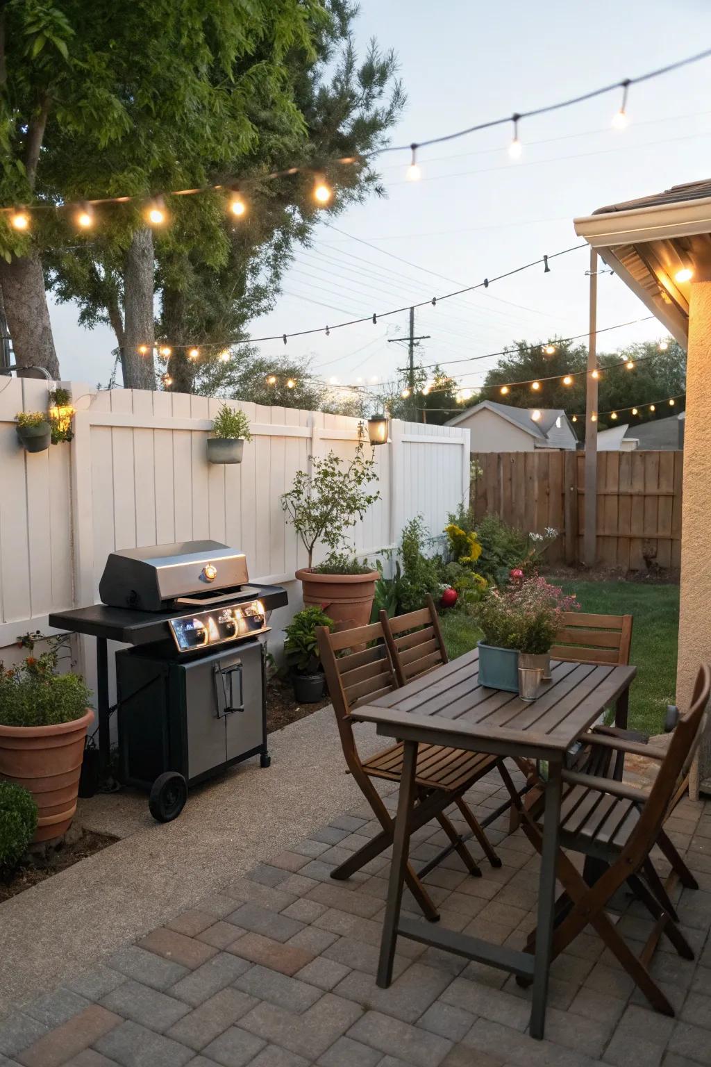 A versatile portable grill cart in a backyard patio.
