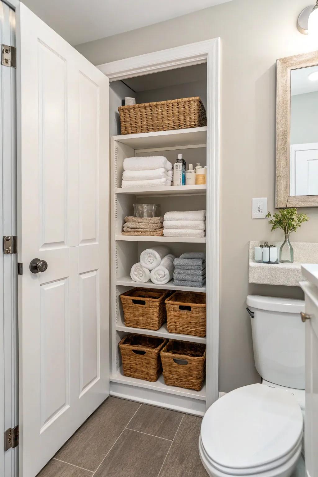 Open shelves introduce functionality without visual clutter.