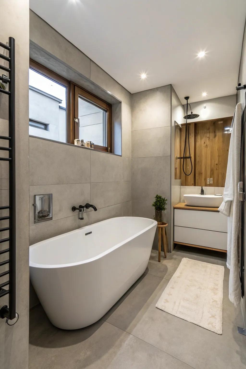 Simple fixtures keep a small bathroom fashionable and uncluttered.