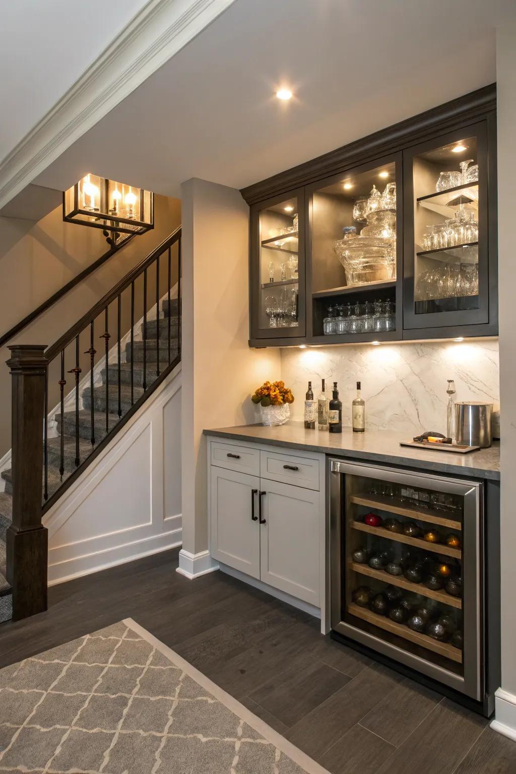 Utilize under-stair space for a compact dry bar.