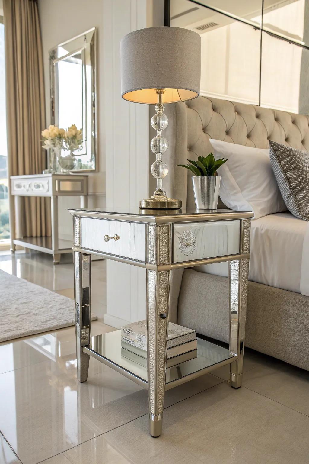 Mirrored end table amplifies the radiance of a contemporary bedroom.