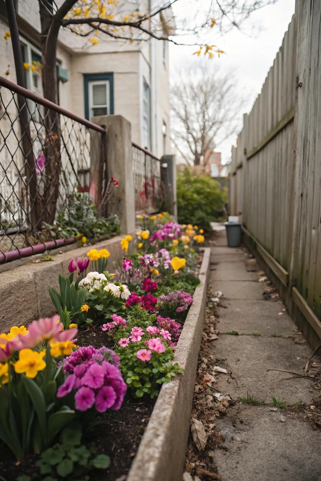 A compact, vibrant flower garden nestled in a narrow side yard.