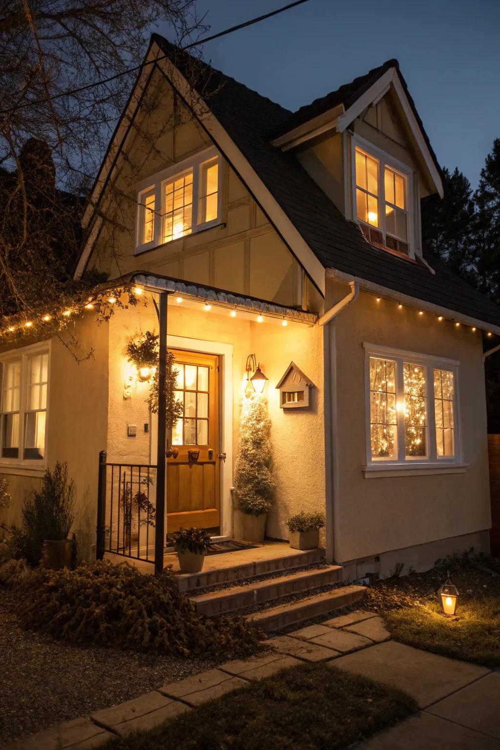 Exterior lighting enhances warmth and charm to your home at twilight.