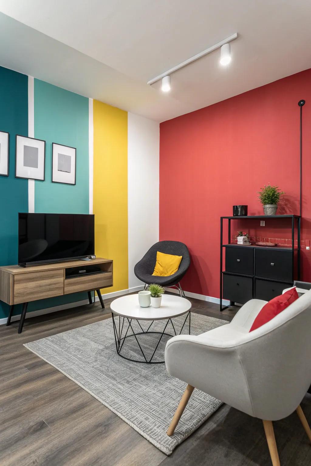 A compact living area featuring color-sectioned walls for a dynamic effect.