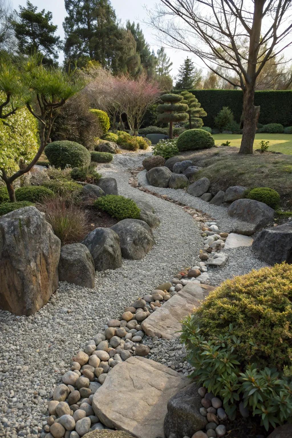 A dry riverbed adding texture and visual interest.