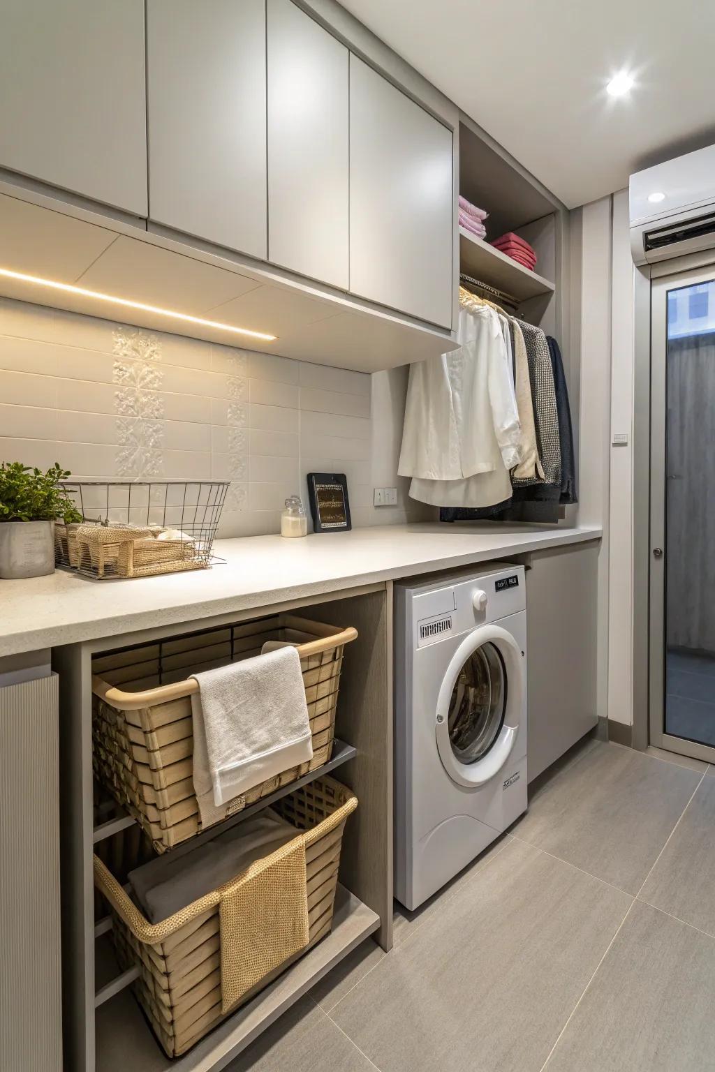 A folding station fits seamlessly into small spaces for added convenience.
