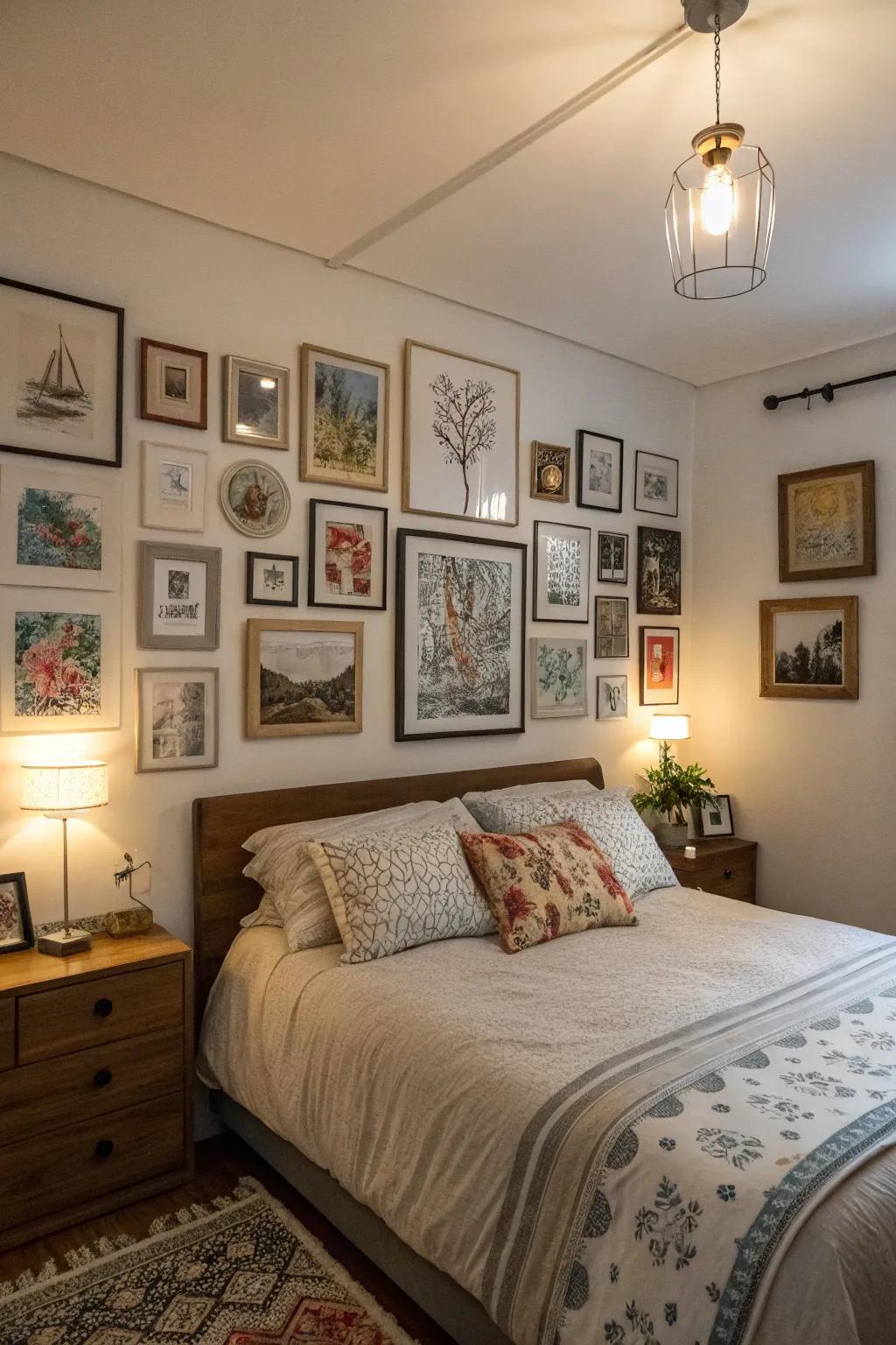 Wall art introduces character to a small master bedroom.