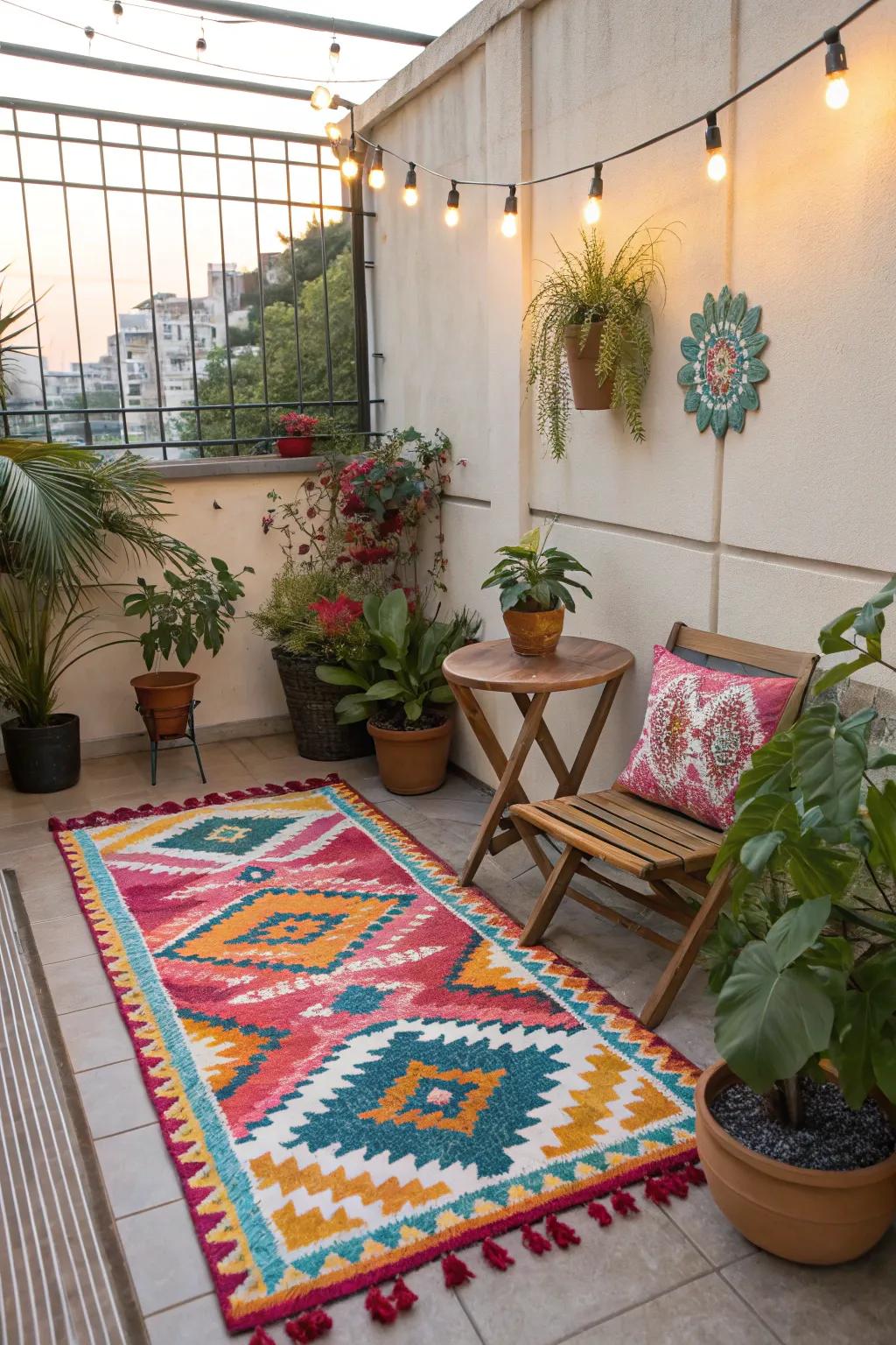 An outdoor rug imparts color and solace to your small expanse.