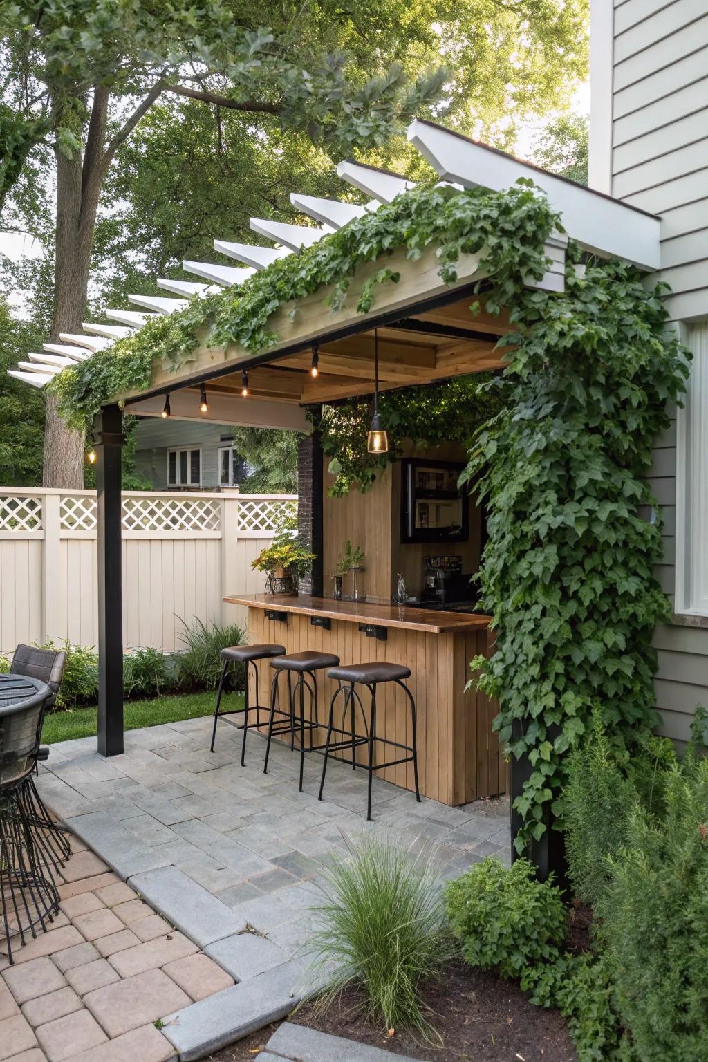 A framework with a ready-made bar cultivates a lively, social setting on a small patio.