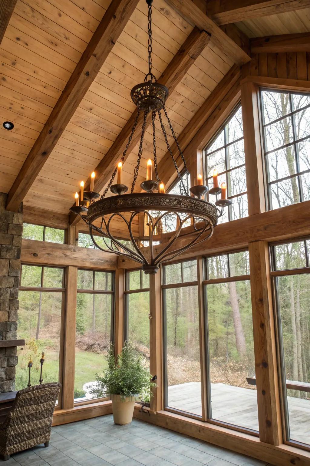 A country-style pendant light offers both functionality and style in this sunroom.