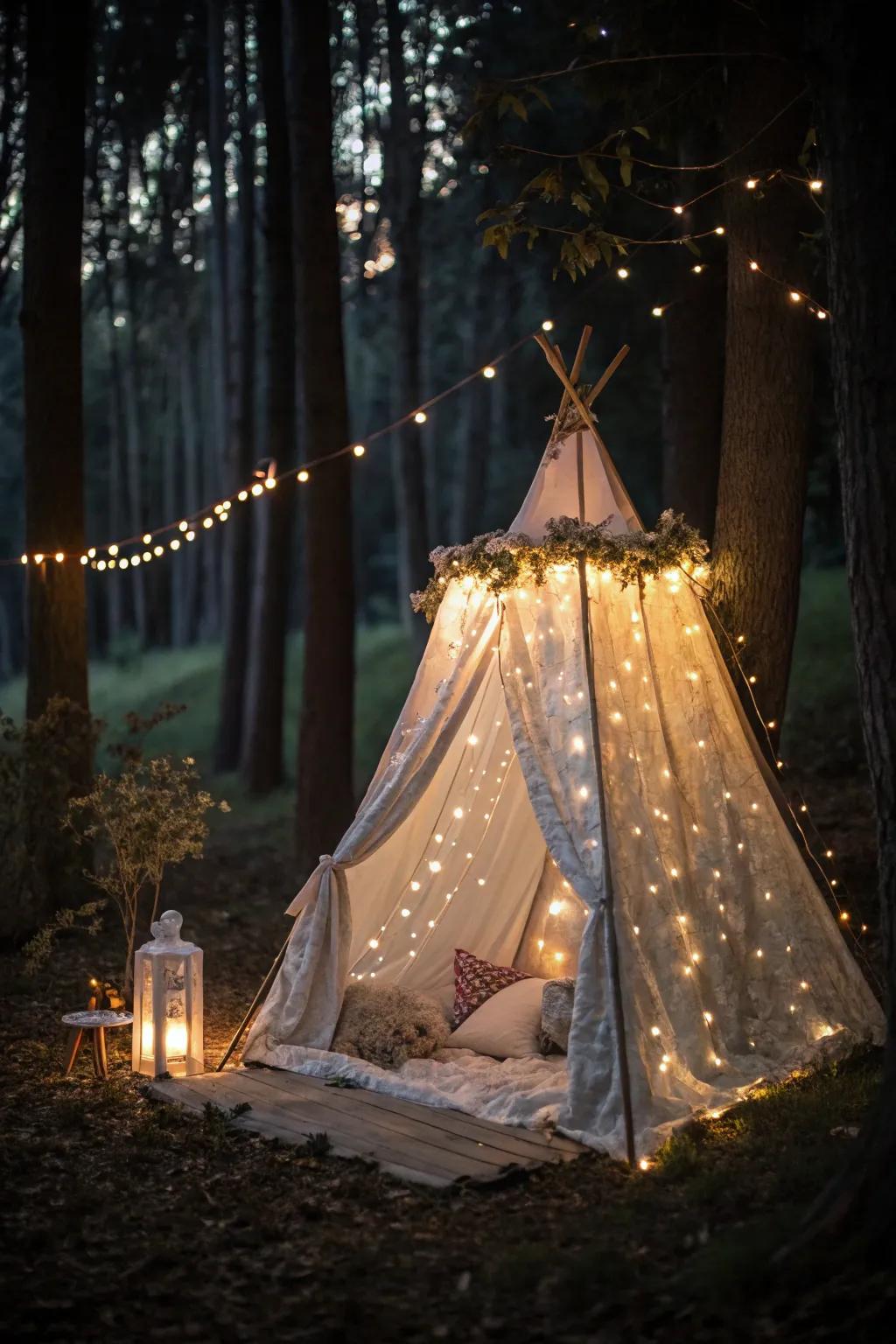 A magical tent ambiance with twinkling fairy lights.