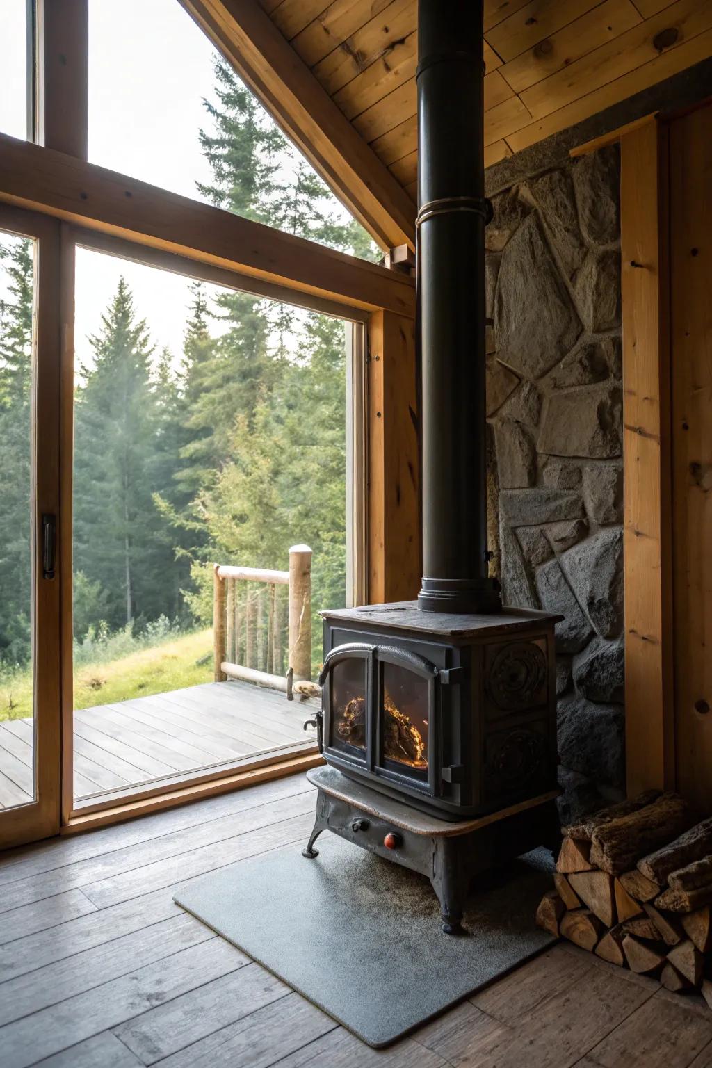 Natural light complements the warmth of a hearth heater for a cozy setting.