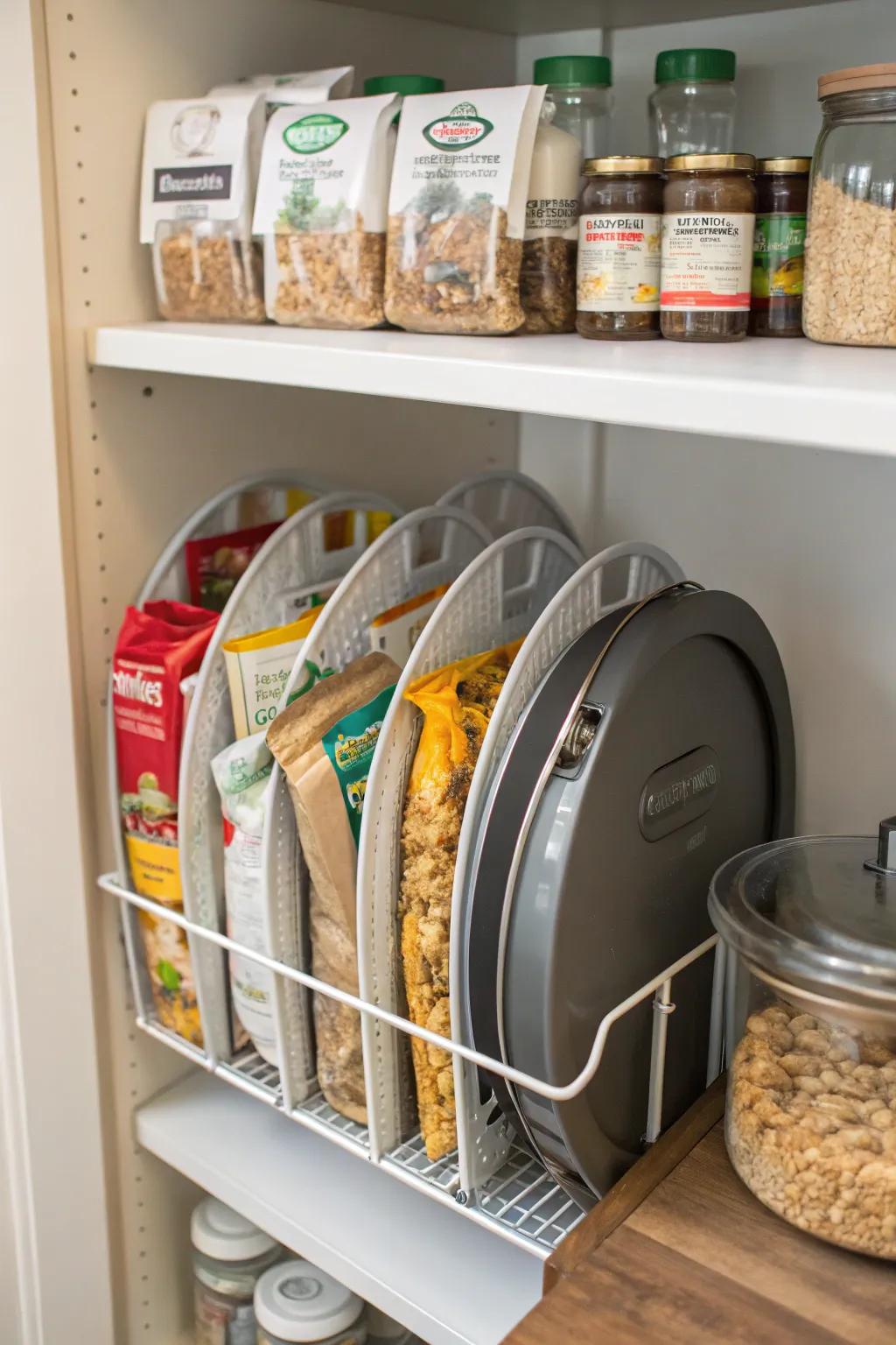 A pot lid organizer doubles as a snack bag holder.
