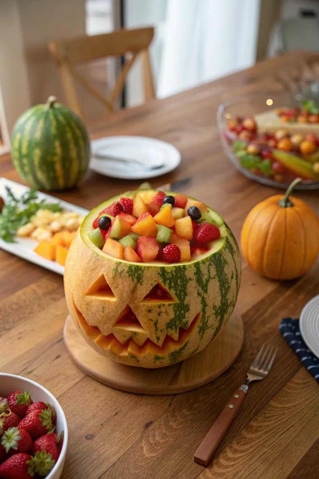 A watermelon jack-o'-lantern, doubling as a festive fruit trove.