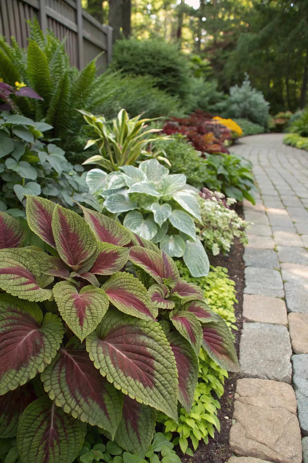 Textured foliage enriches the garden with a captivating visual layer.