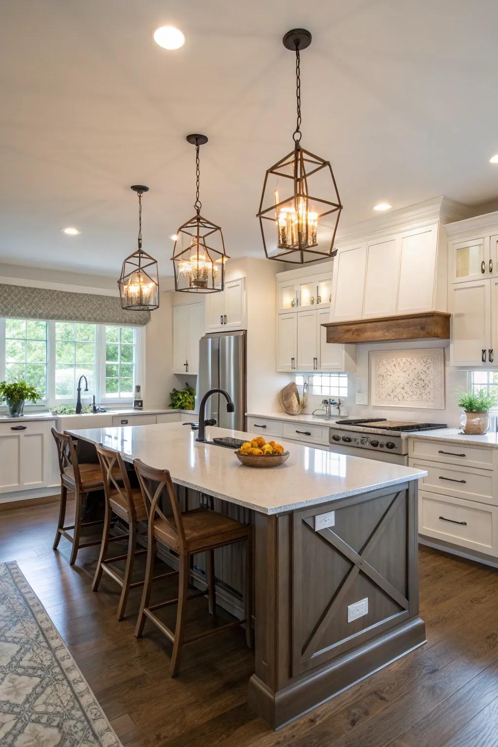 Pendant lights stylishly and purposefully highlight key kitchen zones.