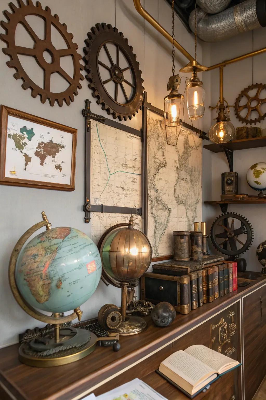 Globes and vintage maps fill this steampunk room with a sense of adventure.