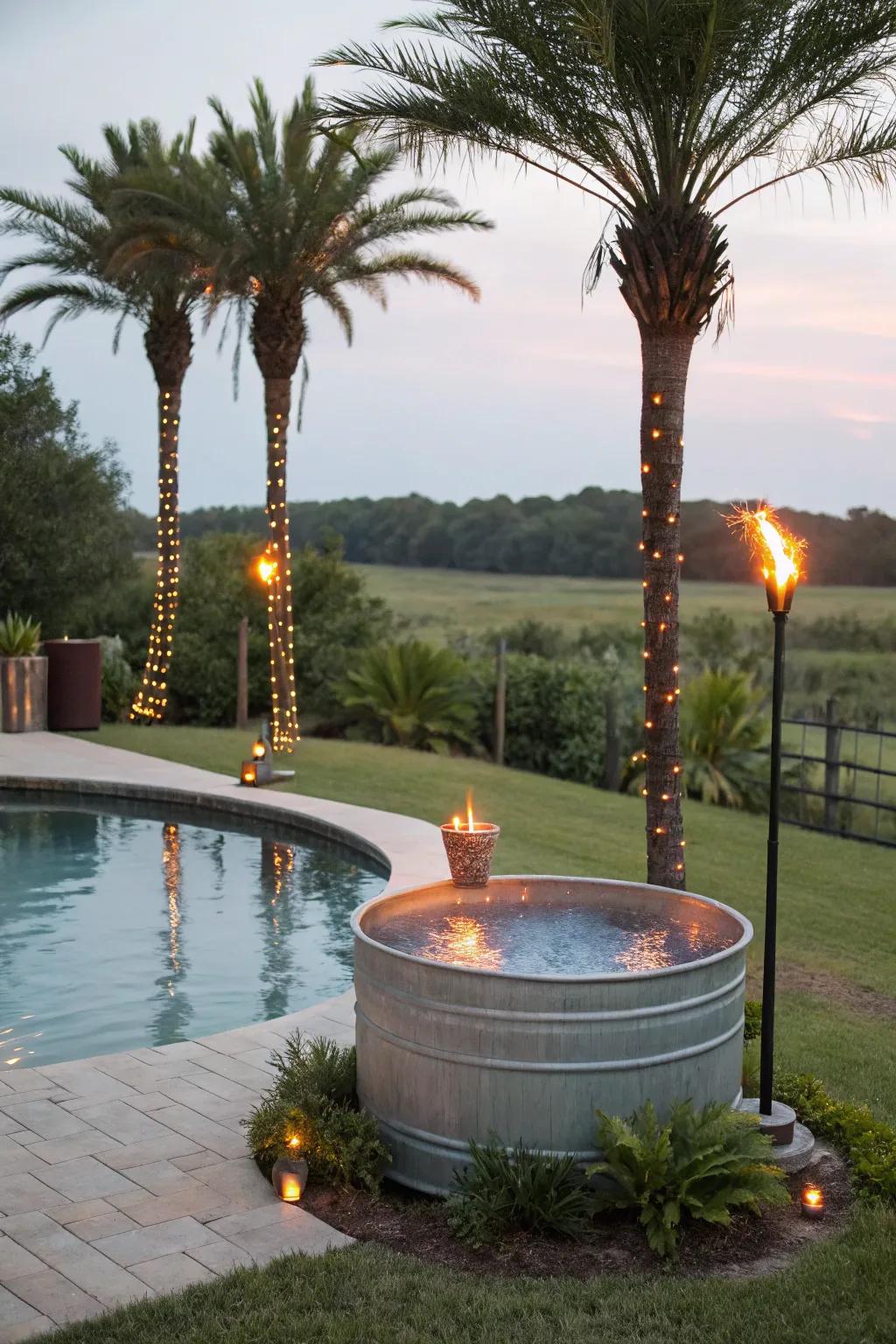 A tropical-inspired water trough pool accentuated with palm trees and tiki torches.