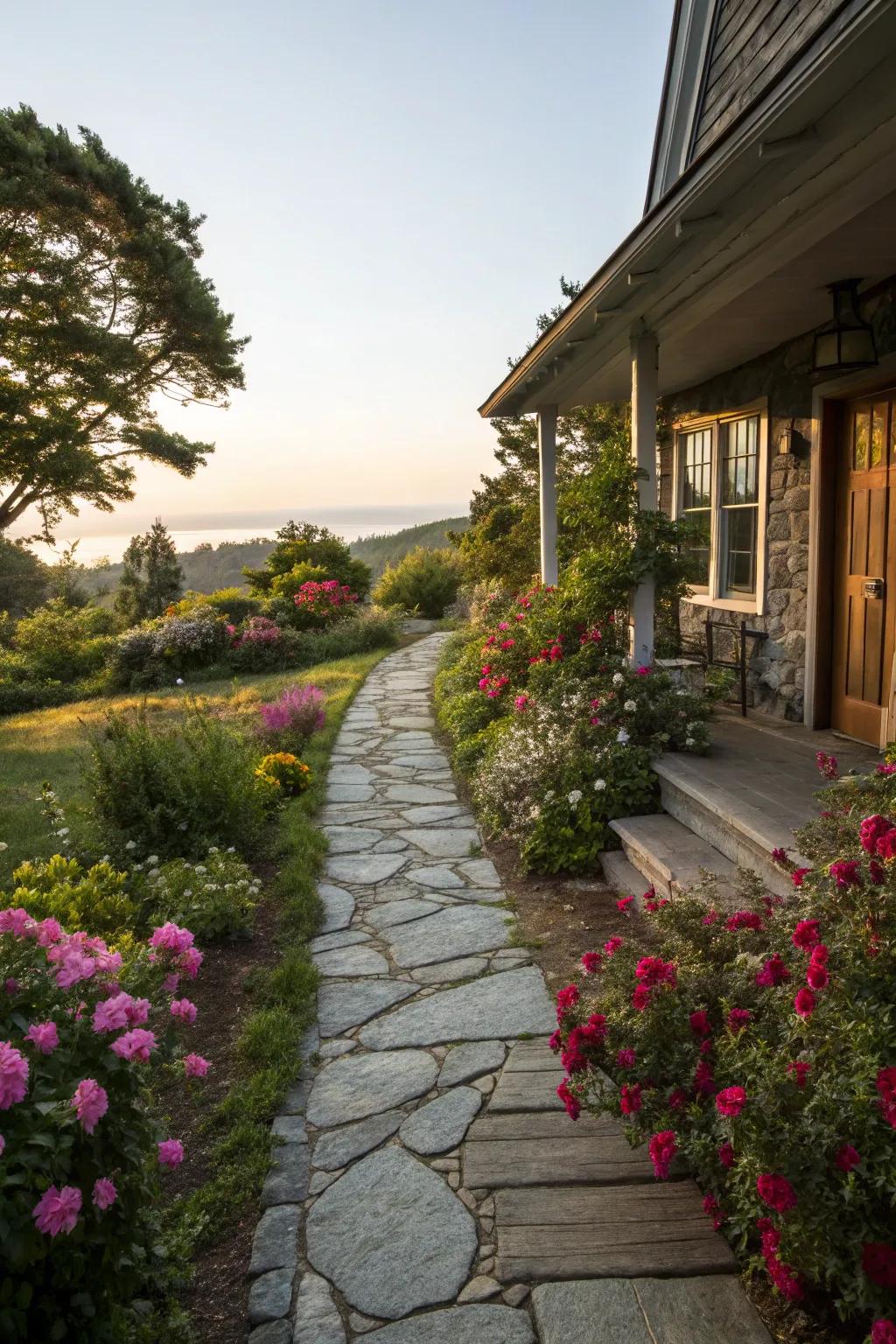 A rock walkway invites guests with natural beauty.