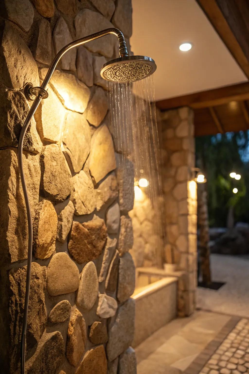Warm hues and lighting highlight the natural texture of stone.