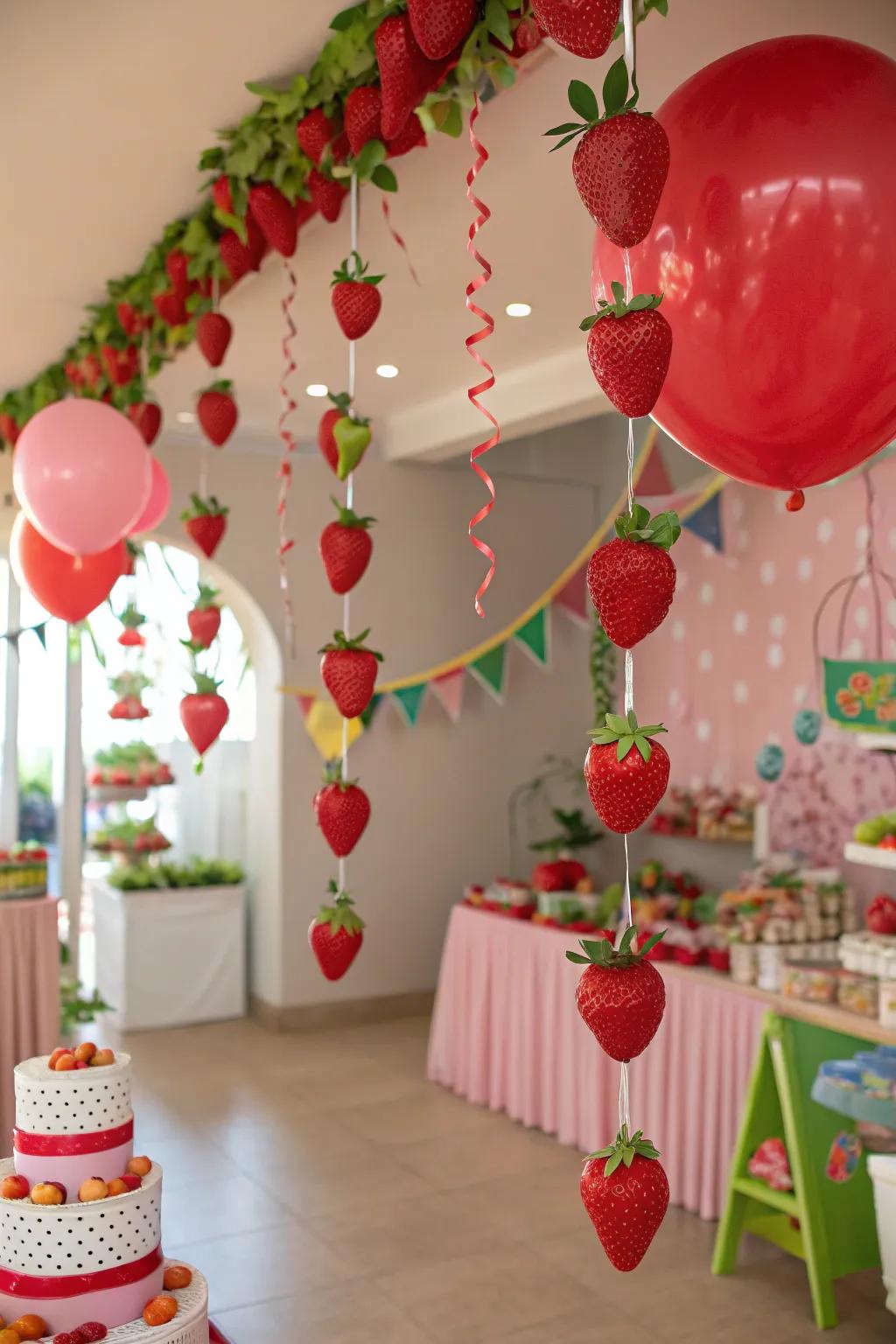 A joyful party design incorporating strawberries as ornamental pieces.
