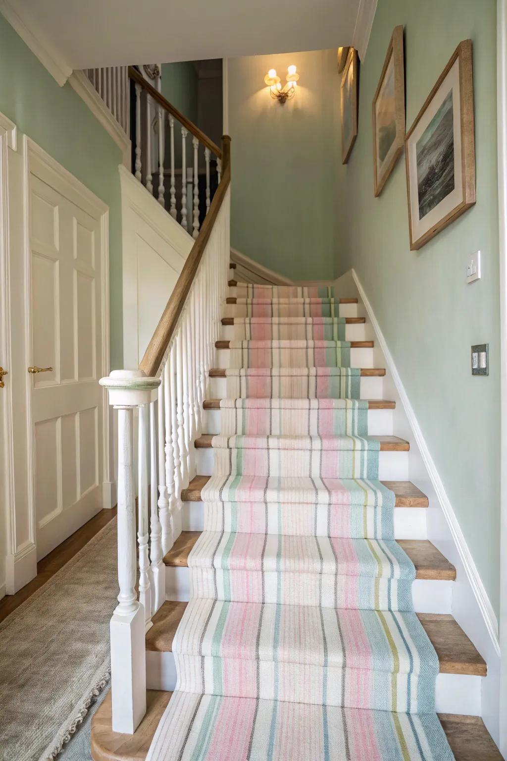 Delicate pastel stripes foster a calming ambiance in this serene residence.