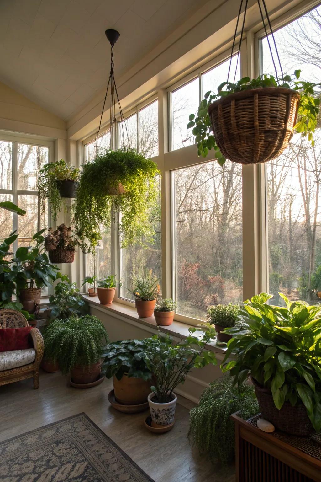 Lush greenery alters this living space into a revitalizing indoor garden.