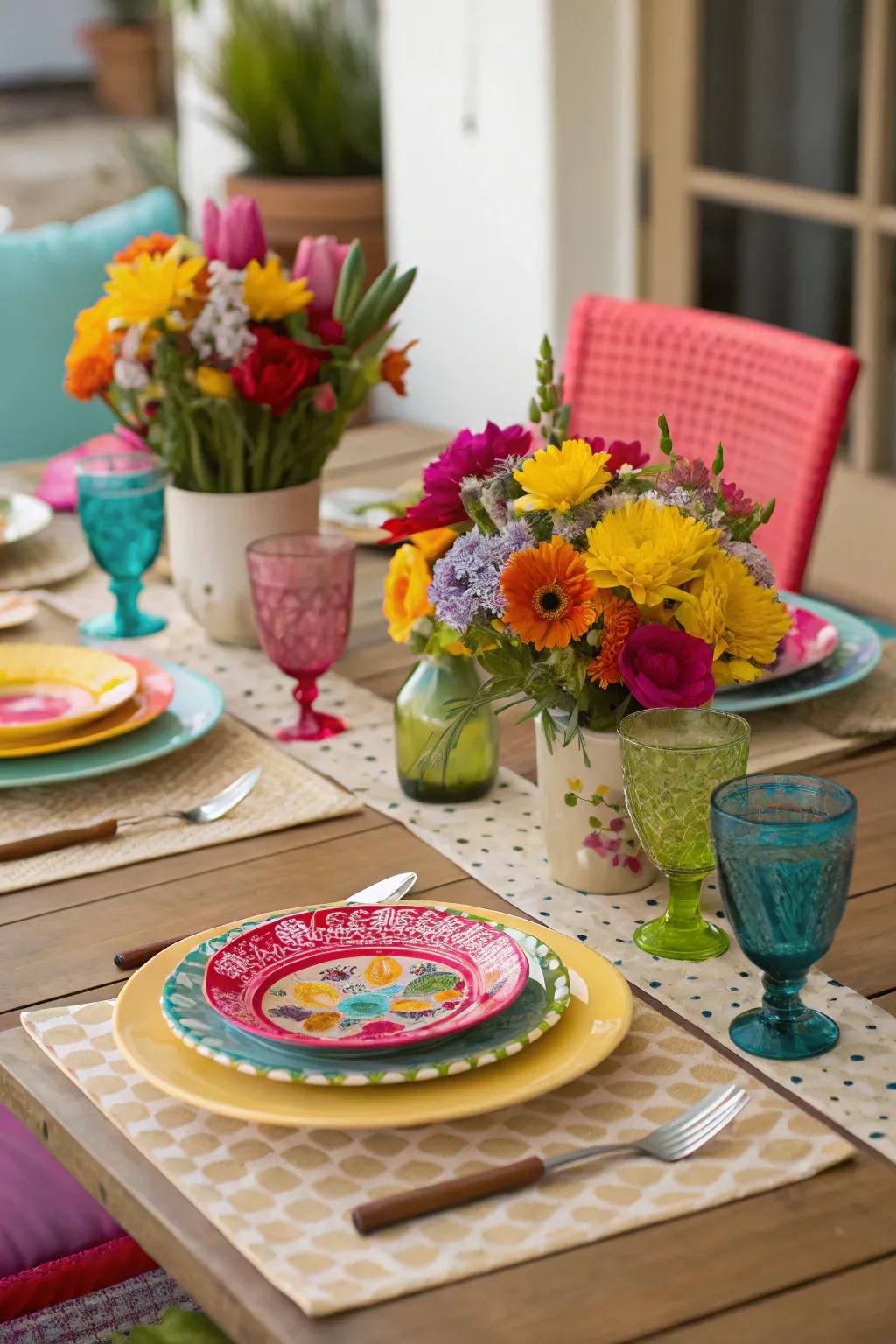A dining table decorated with vibrant tableware and thematic focal points.