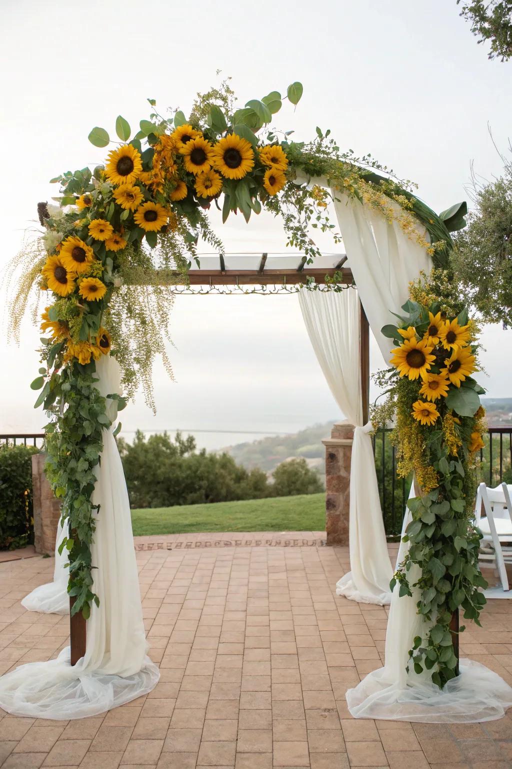 A scenic marriage archway adorned with sunshine blooms.